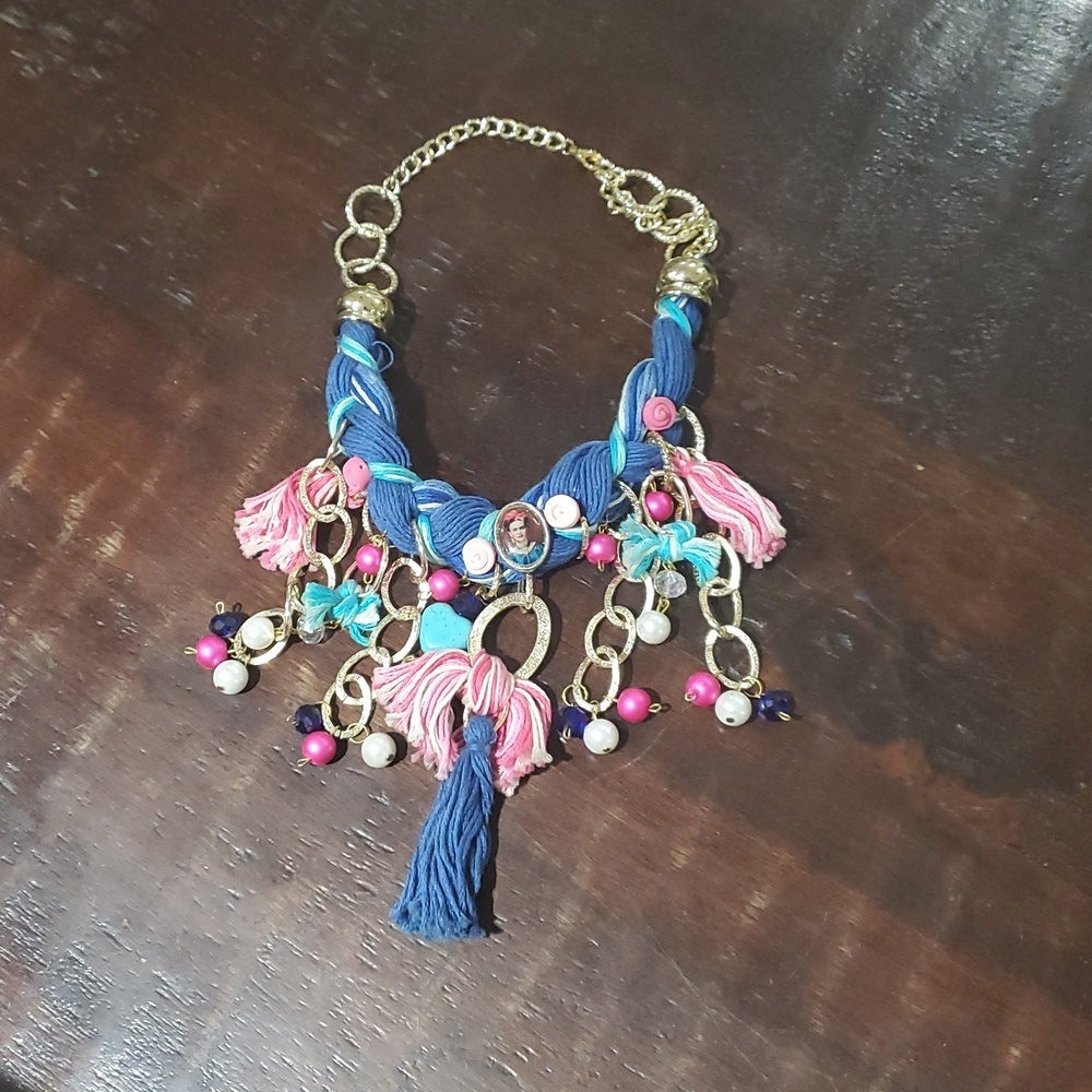 Artistic Multicolor Necklace with Gold Accents Frida Kahlo Face Braid Beads - Picture 2 of 5